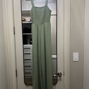 Sage Green Wide-Leg Jumpsuit with Smocked Bodice w/Pockets!